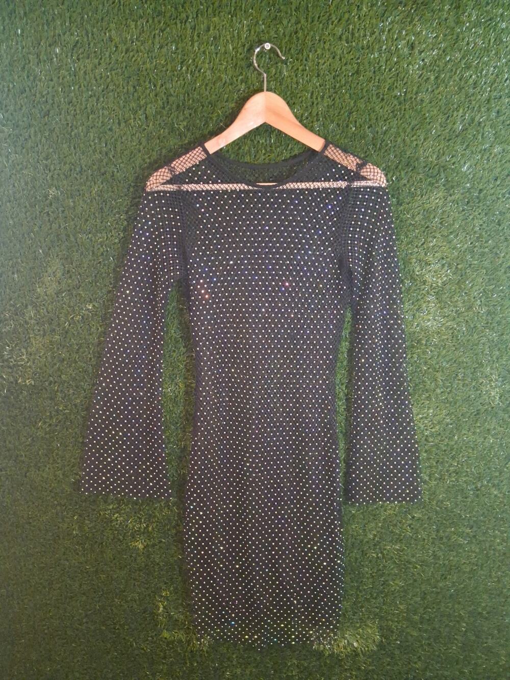Sexy Black Mesh Rhinestone Mini Dress Sheer Fishnet Long Sleeve Clubwear Size S